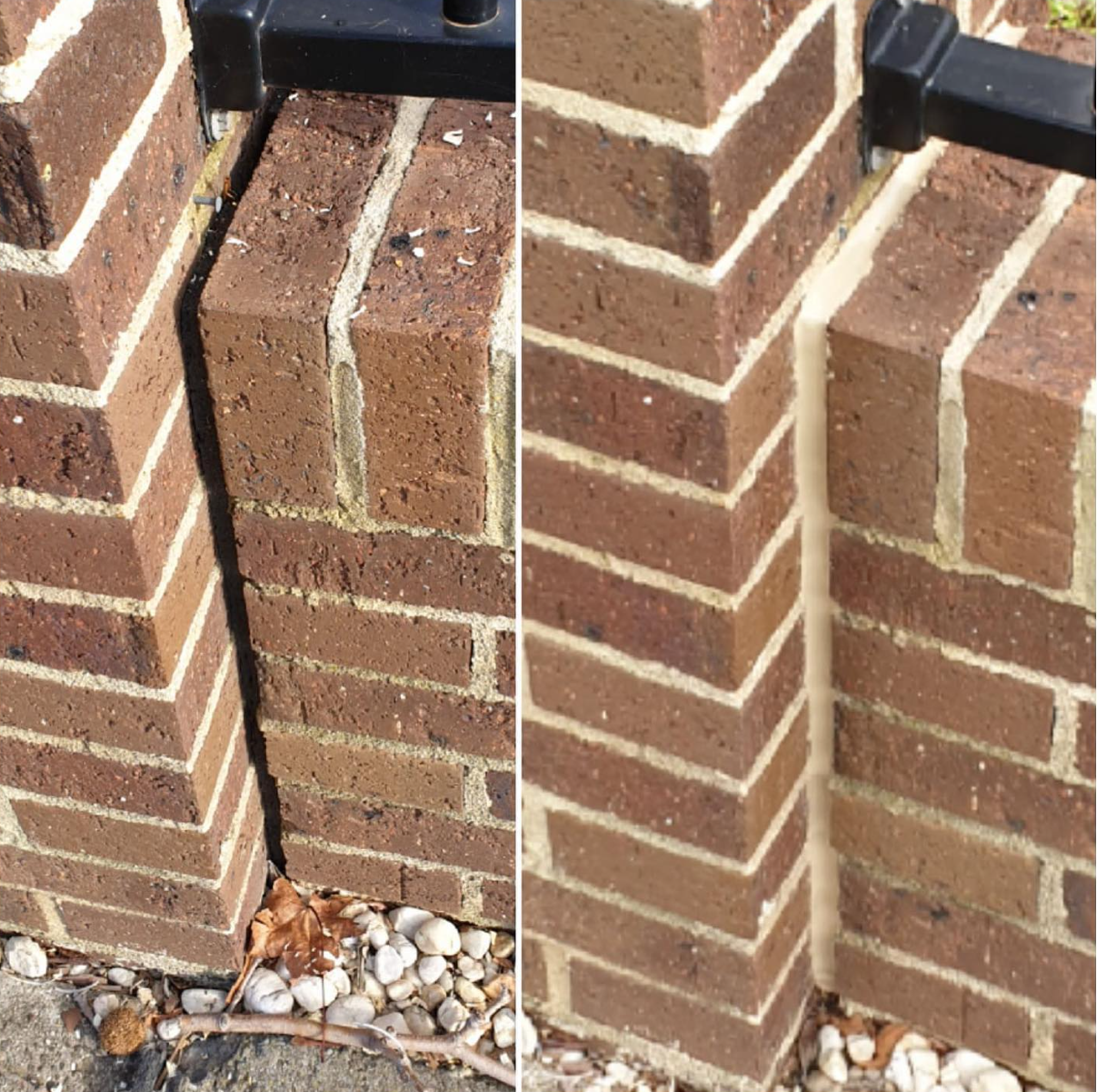 Brick articulation joint before and after colour-matched sealing